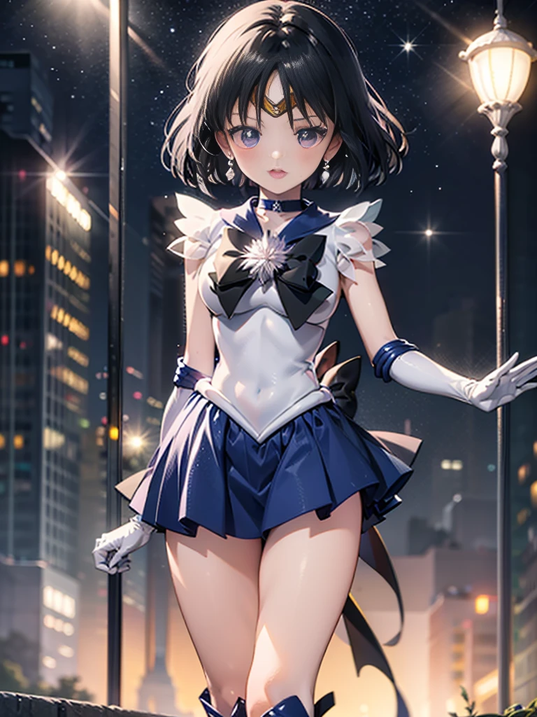 whole，high resolution，Detailed Description，highest quality，(sailor senshi uniform),Sailor Saturn，Black Hair，Cosmos，leotard，High leg，Purple Skirt，Knee-high boots，Elbow Handbags，Thick thighs，The skirt is short,スカートの下に白色のleotardが見える，The skirt is blown away by the wind，Defenseless crotch，blush，Embarrassed expression，Open your mouth，