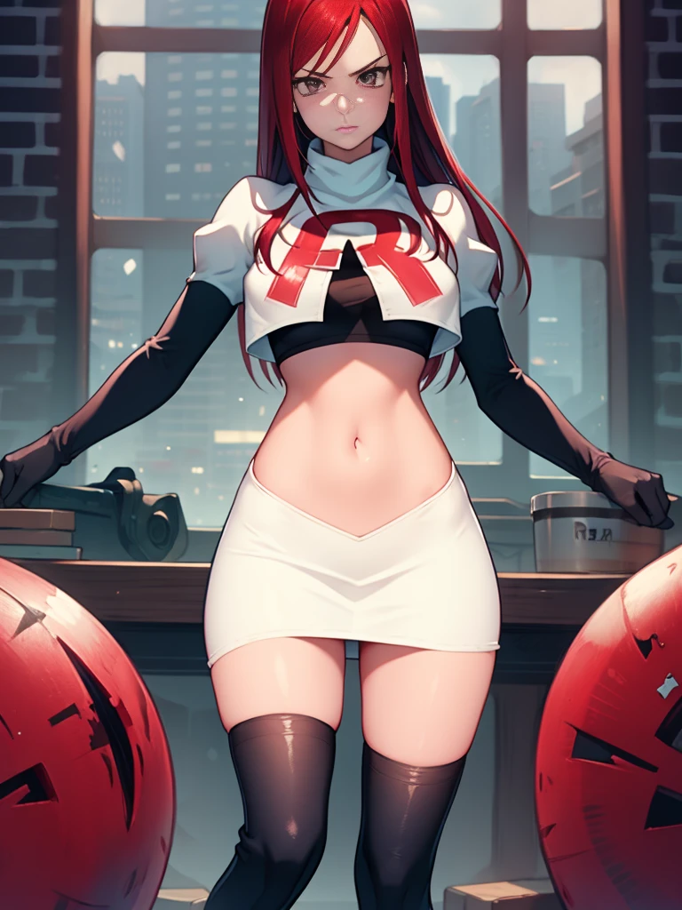 Erza Scarlet, long hair,red hair, brown eyes, ,team rocket uniform, red letter R, white skirt,white crop top,black thigh-high boots, black elbow gloves, looking at viewer, cowboy shot,