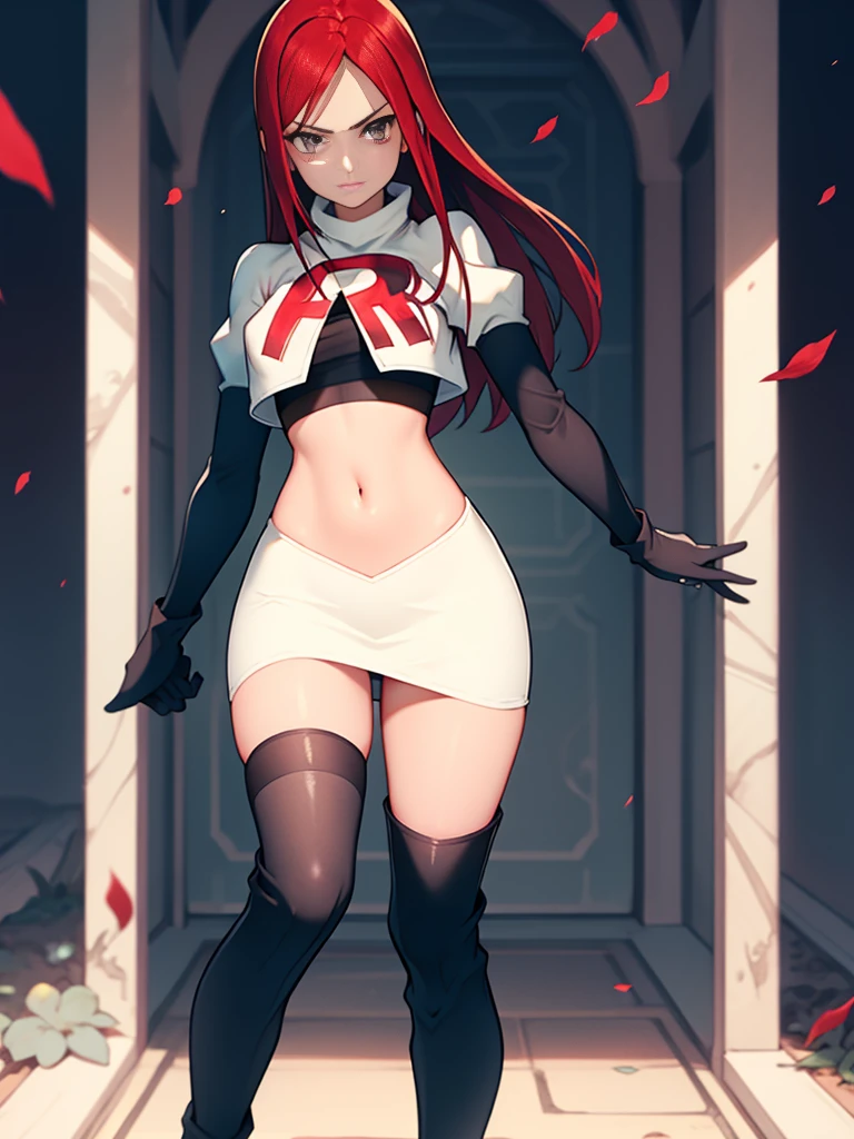 Erza Scarlet, long hair,red hair, brown eyes, ,team rocket uniform, red letter R, white skirt,white crop top,black thigh-high boots, black elbow gloves, looking at viewer, cowboy shot,