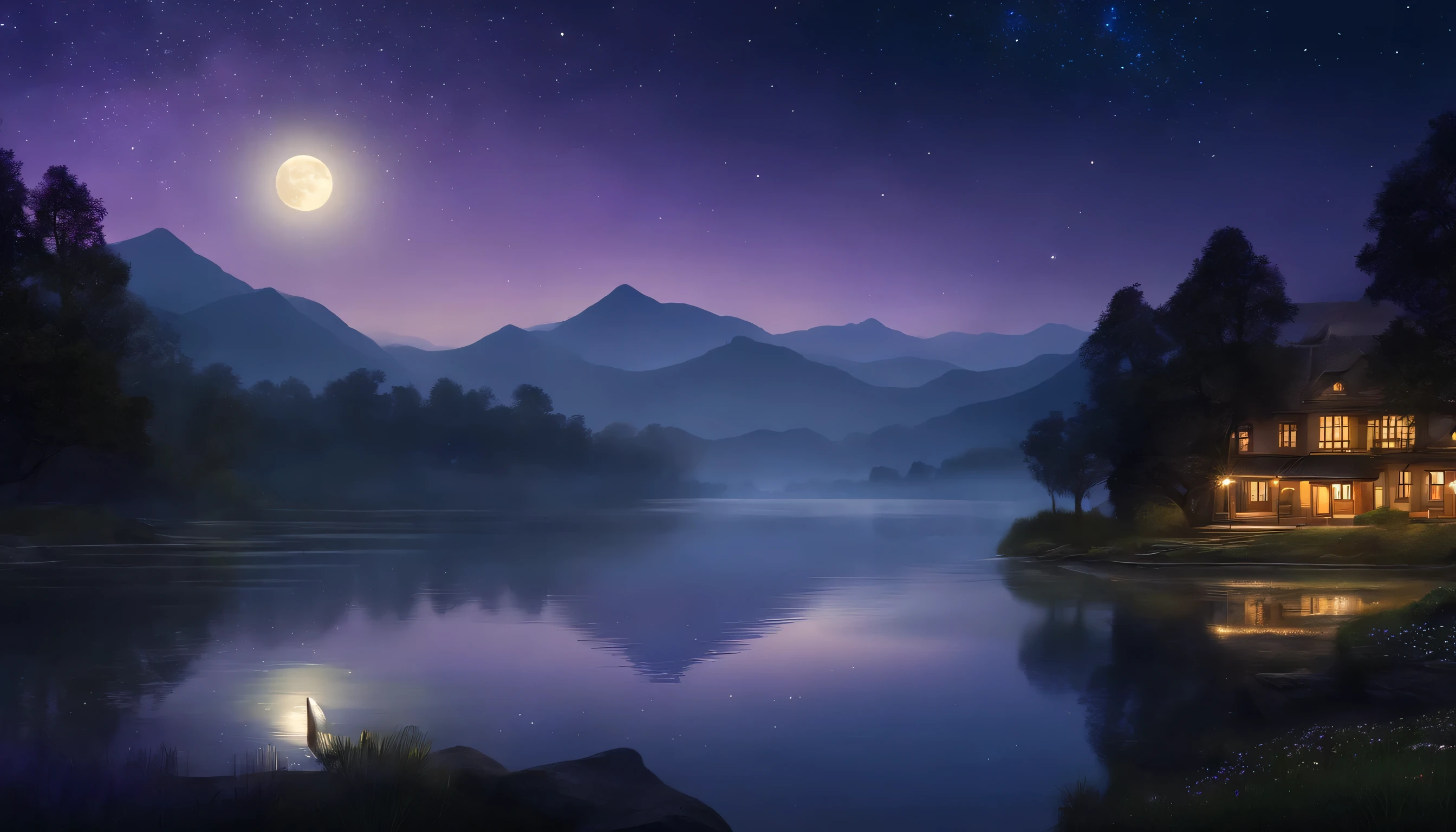 (Super detailed,Realistic:1.37),Night view,Illuminated by moonlight,Starry sky,Mountain silhouette,Quiet Lake,Reflection of stars in the water,Sparkling lights of buildings,Soft light from street lamps,Peaceful atmosphere,Calm and quiet,night breeze,Calm mood,Subtle shadows and highlights,Deep blue and purple tones,Mystery hint,Vibrant colors,Vibrant colors,Calm water surface,Shining Star,Idyllic cityscape,A hazy mist in the distance,Majestic Tree々,Gentle ripples on a lake,Shining moonlight,Tranquility