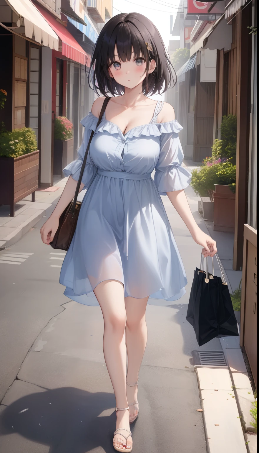 One Girl、positive、Standing posture、Full body portrait、Black Hair、Medium Haircut、blush、Absolute area、No panties、No bra、barefoot、Light blue dress、Off-the-shoulder dress、（Very large breasts）、Cleavage、((Lesbians around the world))、masterpiece、（highest quality） 、Shirt buttons fly off、Unbutton your shirt、Exposing the breasts、In town、Date、Shopping Street、White Sandals、A man stands behind