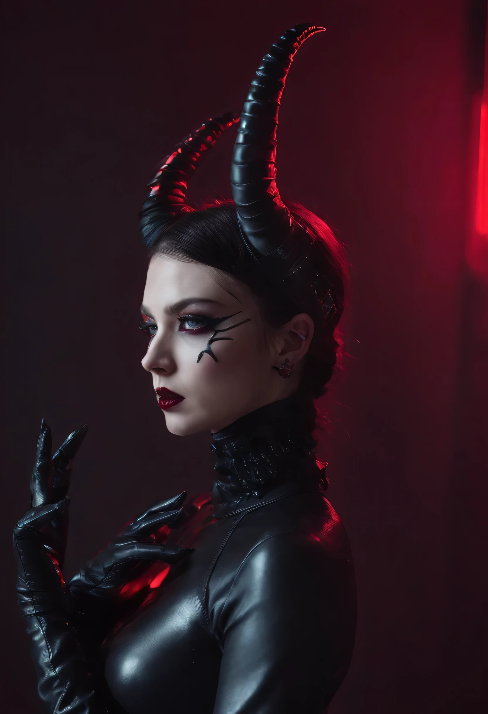 a demon woman with horns dressed in latex leotard posing for a photo, red neon behind her, goth asthetics, very beautiful goth top model, goth woman, dark goth vampire queen, gothic horror vibes, goth girl, darksynth vibes, dark and intricate, gothic and futuristic, latex fetish, goth vibe, dark demonic dancer, ornamental gothic - cyberpunk, red lights, ultra detailed, hyper realistic, masterpiece.