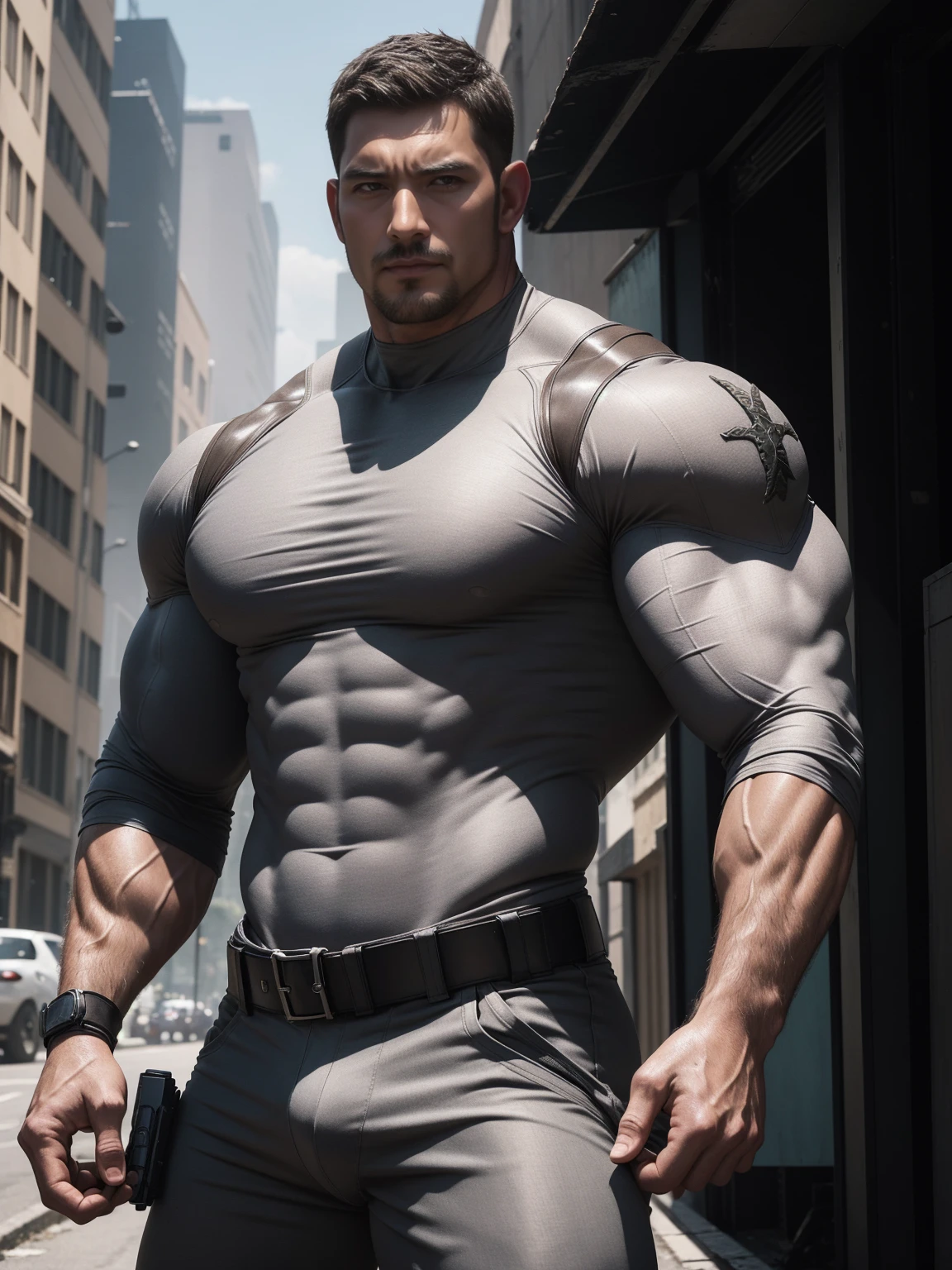 Angry super muscular man, Buzz Cut,On the old-style outdoor street under the hot sun, Wear a long-sleeved earthy grey superhero bodysuit, Mud wrapped body,Clothes are very dirty with mud stains,The expression is arrogant, Thick thighs, Messy hair, Thick thighs, Turtleneck Long Sleeve Dust Grey Superhero Bodysuit, very tight, Regular symmetrical pattern, Highlight muscles, Police uniform pants, character concept(Resident Evil - Chris Redfield, Chris Redfield)A proud expression, Deep and charming eyes, Heroic male pose, tall Burly, muscular!muscular thighs, tough guy, perfect facial features, High, Burly, Heqiang, Super polished and cool, High Resolution Committee, Charismatic, The sun is blazing, dazzling