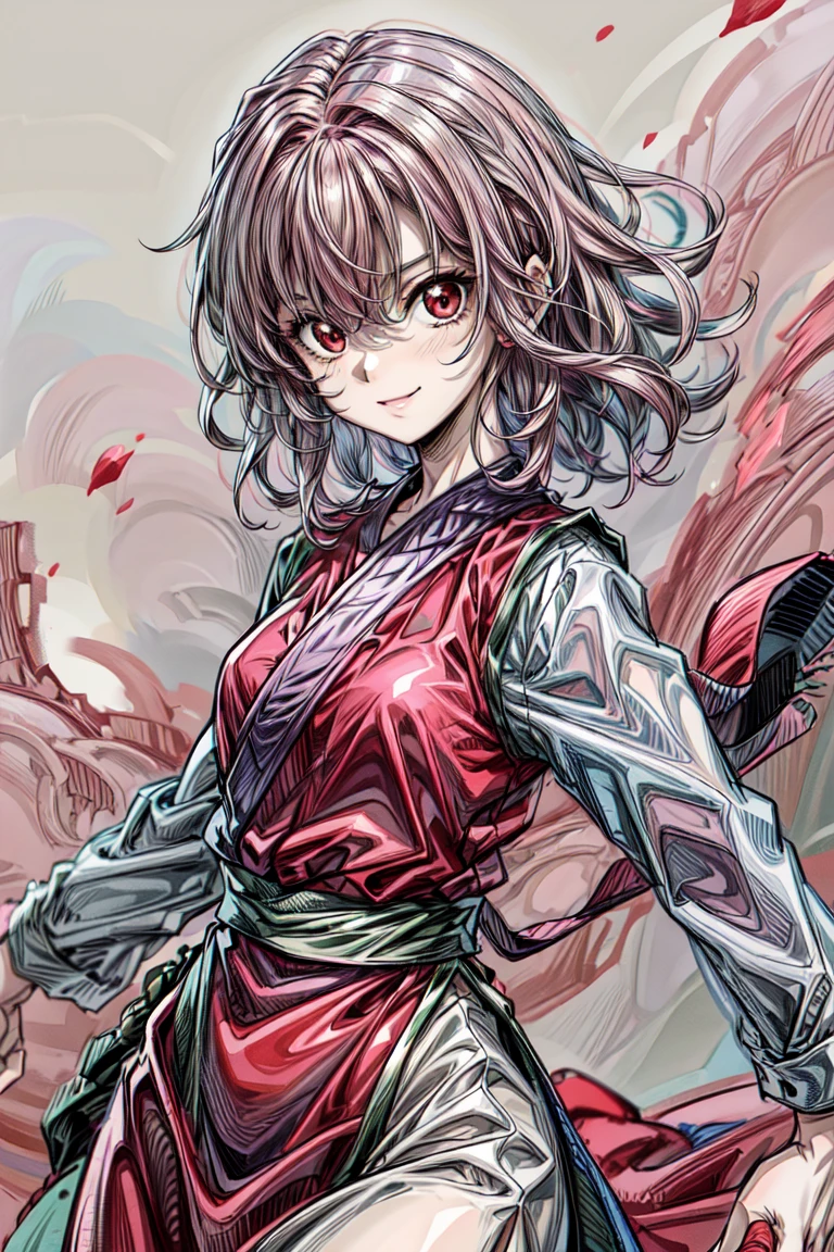 masterpiece,best quality,highres, ultra-detailed, solo, 1girl, solo, pink hair, red eyes, looking at viewer, smile, fighting stance, bangs,anatomical correct