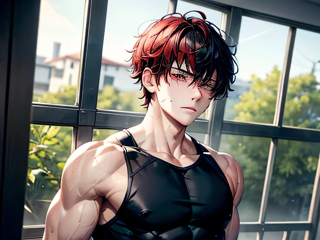 A 17 year old boy with two scars, one diagonal crossing his left eye and another across his nose, deep black right eye, white blind left eye, straight blood red hair almost covering his blind left eye, a muscularly lean body with strong shoulders, wearing a kendo outfit in school's gymnasium