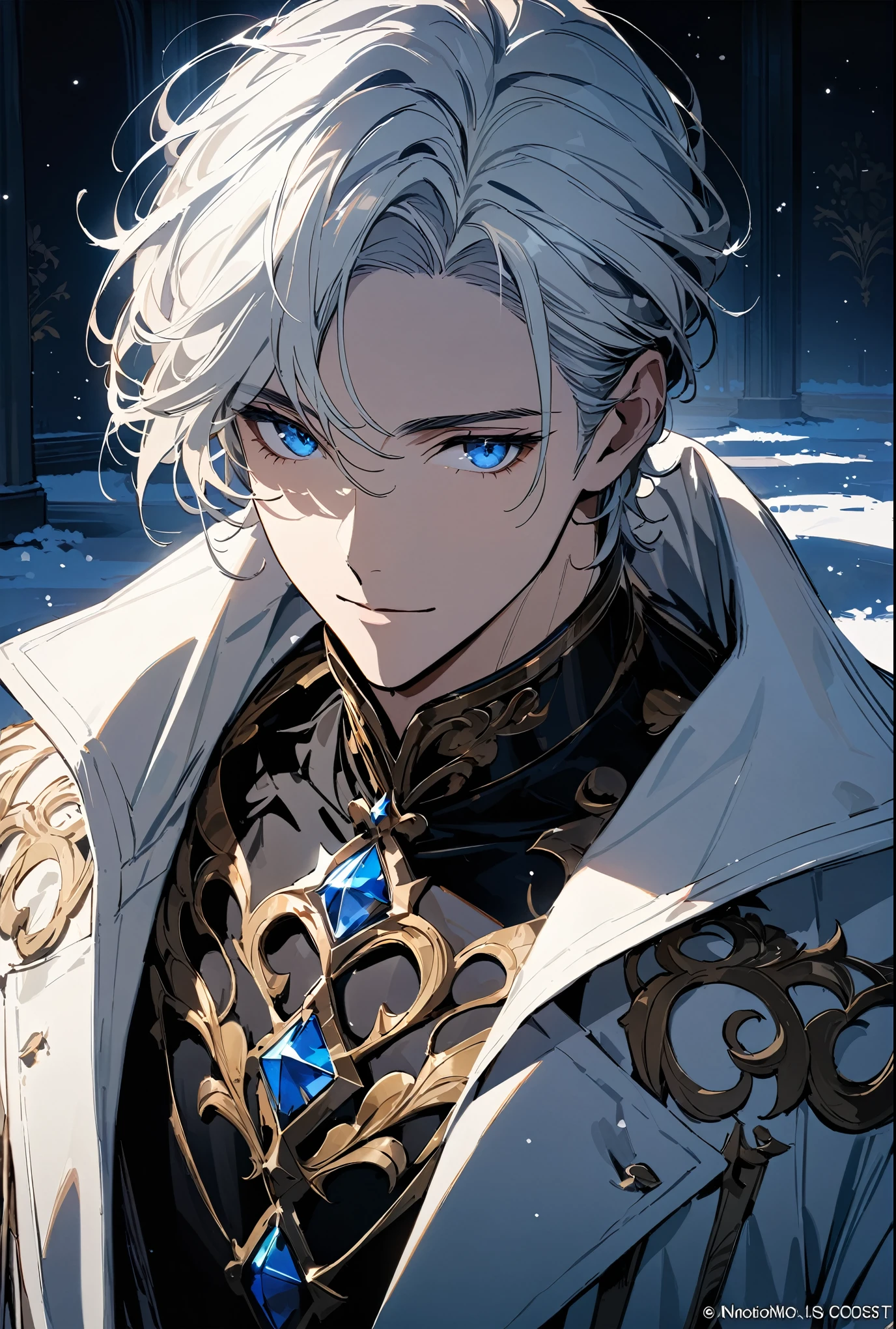 (masterpiece, best quality), Very detailed, best quality, official art, Beautiful and beautiful: 1.2),beautifully,(1 handsome man),copyright,alone,white short hair, (blue eyes), (A gentle yet distant smile),perfect face,white trench coat,Black shirt,Complex clothing designs,High,8K,Beautiful contrast of light and shadow,positive face,pretty face,moiré background,noble,dark ornate background,((white flower)),Gorgeous background,snow,Luxury Suite,Night view