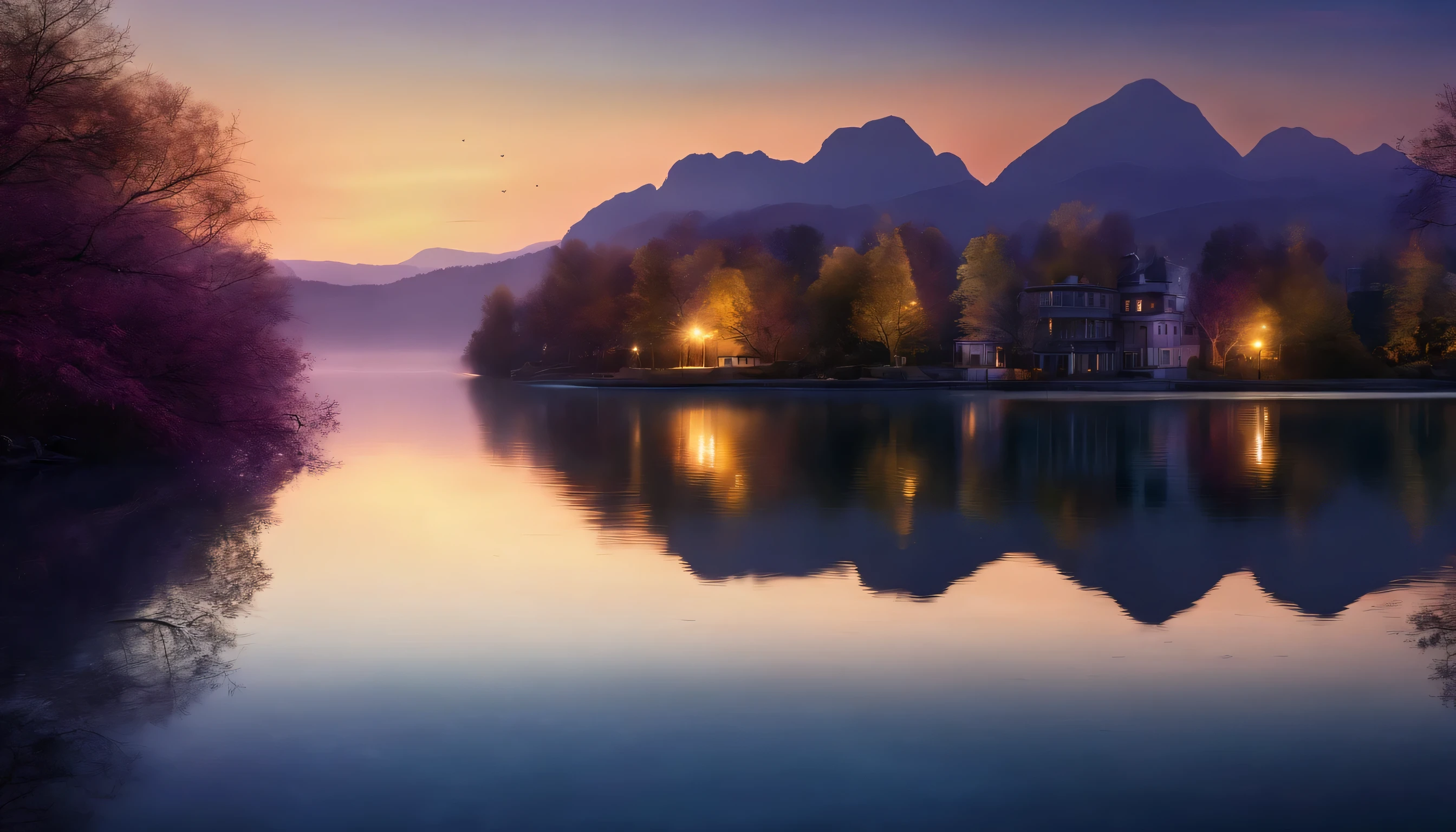 (Super detailed,Realistic:1.37),Night view,Illuminated by moonlight,Starry sky,Mountain silhouette,Quiet Lake,Reflection of stars in the water,Sparkling lights of buildings,Soft light from street lamps,Peaceful atmosphere,Calm and quiet,night breeze,Calm mood,Subtle shadows and highlights,Deep blue and purple tones,Mystery hint,Vibrant colors,Vibrant colors,Calm water surface,Shining Star,Idyllic cityscape,A hazy mist in the distance,Majestic Tree々,Gentle ripples on a lake,Shining moonlight,Tranquility