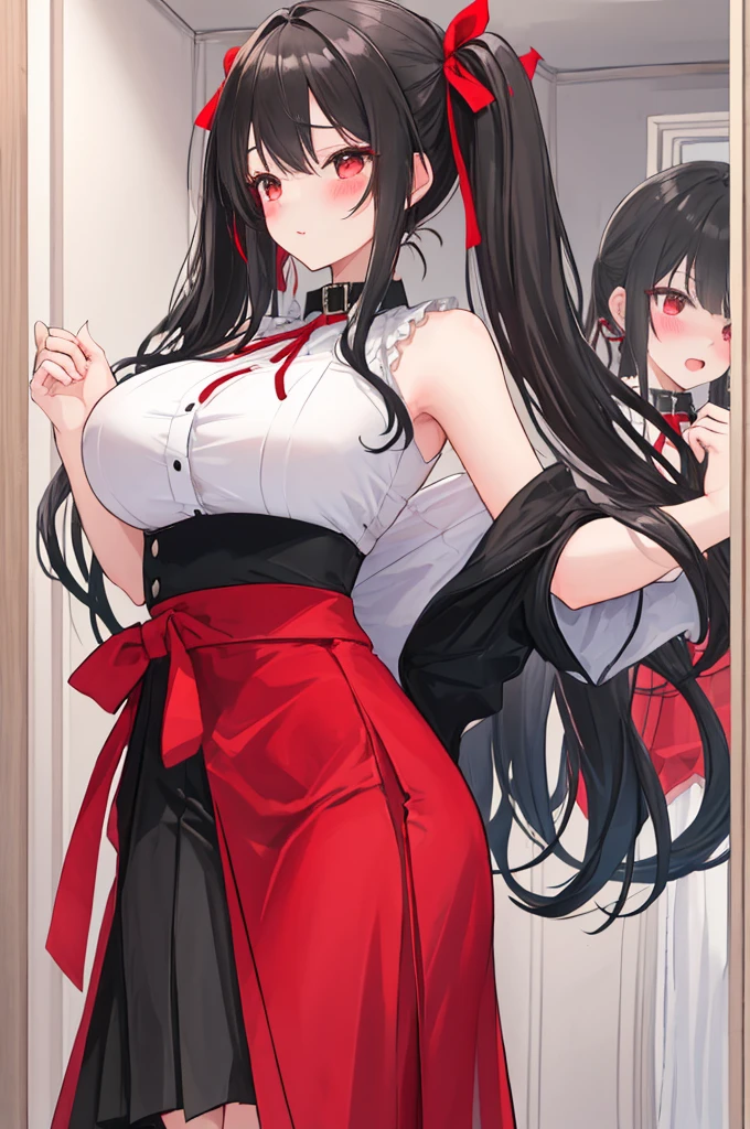 A woman with big ,Black long hair,twintails,Exquisite,Red ribbon,sleeveless,Loose collar,Slim waist,pubic,Playful skirt,blush,A cute daughter,Dressing room,