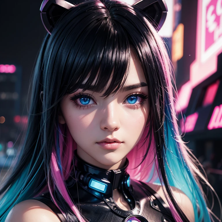 detailed anime style,beautiful and stunning artwork, BEAUTIFUL FACE BEATIFUL EYES,shimmering shadows, strong colors, candy cotton pastell colors, a racoonwoman, black hair, blue eyes, cyberpunk background with pink and blue lights