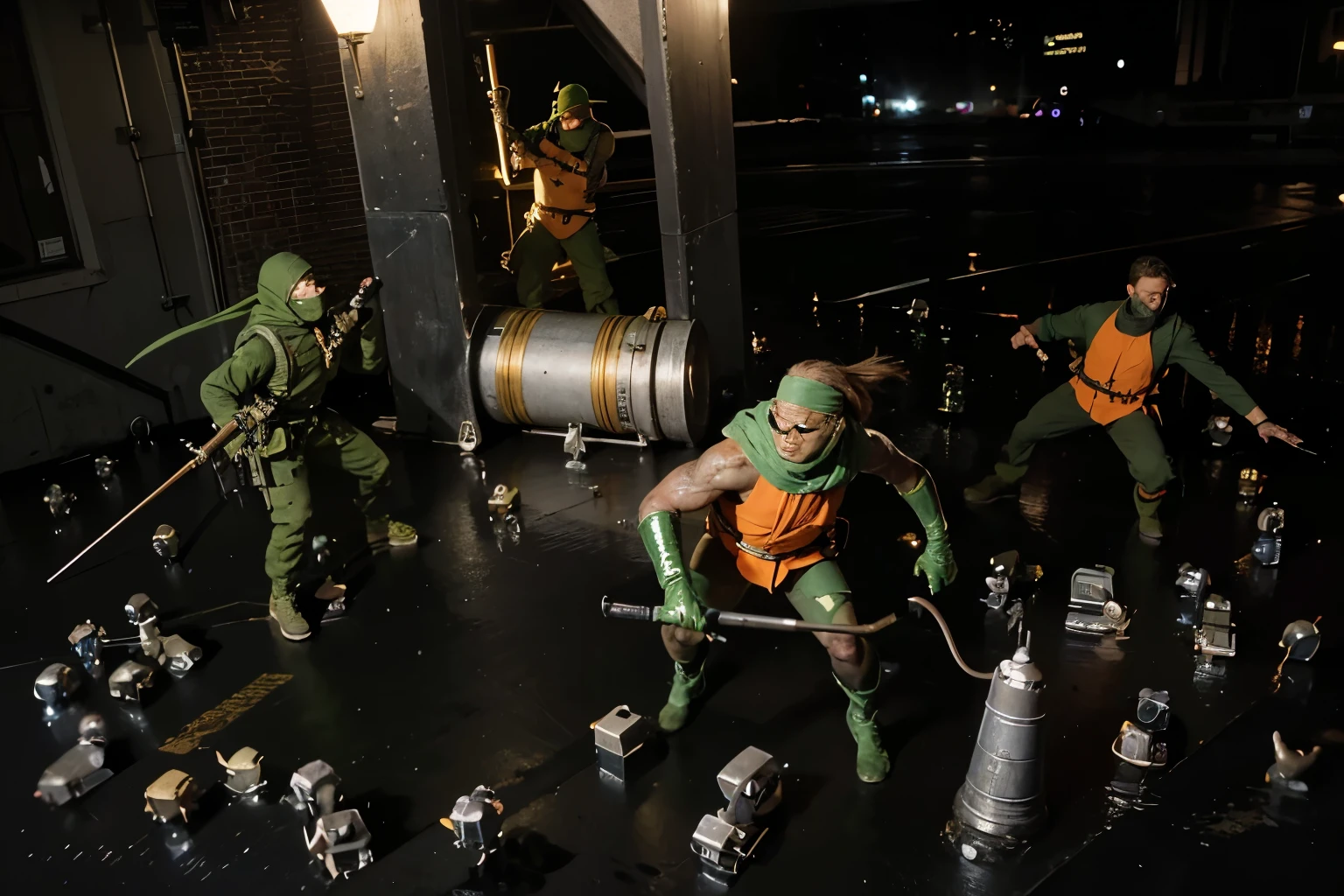 (Best quality, 8k, 32k, Masterpiece, UHD:1.2) Transform the setting of this image to feature the age Mutant Ninja Turtles on the streets of New York City, engaging in battle with Mousers. The environment should showcase the urban landscape with detailed buildings, street elements, and a vibrant city atmosphere.
Introduce the TeenMutant Ninja Turtles in dynamic battle stances, actively fighting the Mousers. They should have realistic reptilian details and textures while maintaining their humanoid appearance. Leonardo, with a textured blue bandana, should have smooth, greenish-brown skin and a detailed shell featuring subtle patterning. Michelangelo, wearing an orange bandana, should have a speckled, olive-green skin tone with webbed fingers and toes. Donatello, in a purple bandana, should exhibit darker, rugged skin with patches of mottled brown. Raphael, sporting a red bandana, should have rougher skin texture with visible veins and a deep green hue.
Highlight their reptilian nature with realistic skin textures, scales, and moist surfaces. Each turtle should be depicted in a unique battle stance, showcasing their agility and combat readiness, with their iconic weapons visible. The Mousers should have a sleek, metallic texture, reflecting light realistically to emphasize their mechanical nature.
The lighting should be dynamic, with contrasted shadows and highlights that accentuate their forms and the details of their surroundings. Utilize the environmental lighting from the city, such as streetlights, neon signs, and illuminated windows, to cast realistic glows and reflections on the turtles, Mousers, and urban elements.
Ensure the scene captures the energy and excitement of the turtles battling Mousers in the bustling streets of New York City, with the towering buildings and city lights providing a dramatic and engaging backdrop.