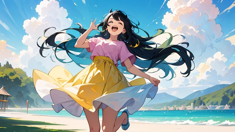 (masterpiece, highest quality, highest quality, Official Art, beautifully、beautiful:1.2), 1 girl,Daytime,blue sky,Sandy Beach,Cute older sister,Short sleeve,Pastel colored clothes,front,Long Hair,Black Hair,Laughing with mouth open,Everything from head to toe,whole body,While looking up at the distant sky