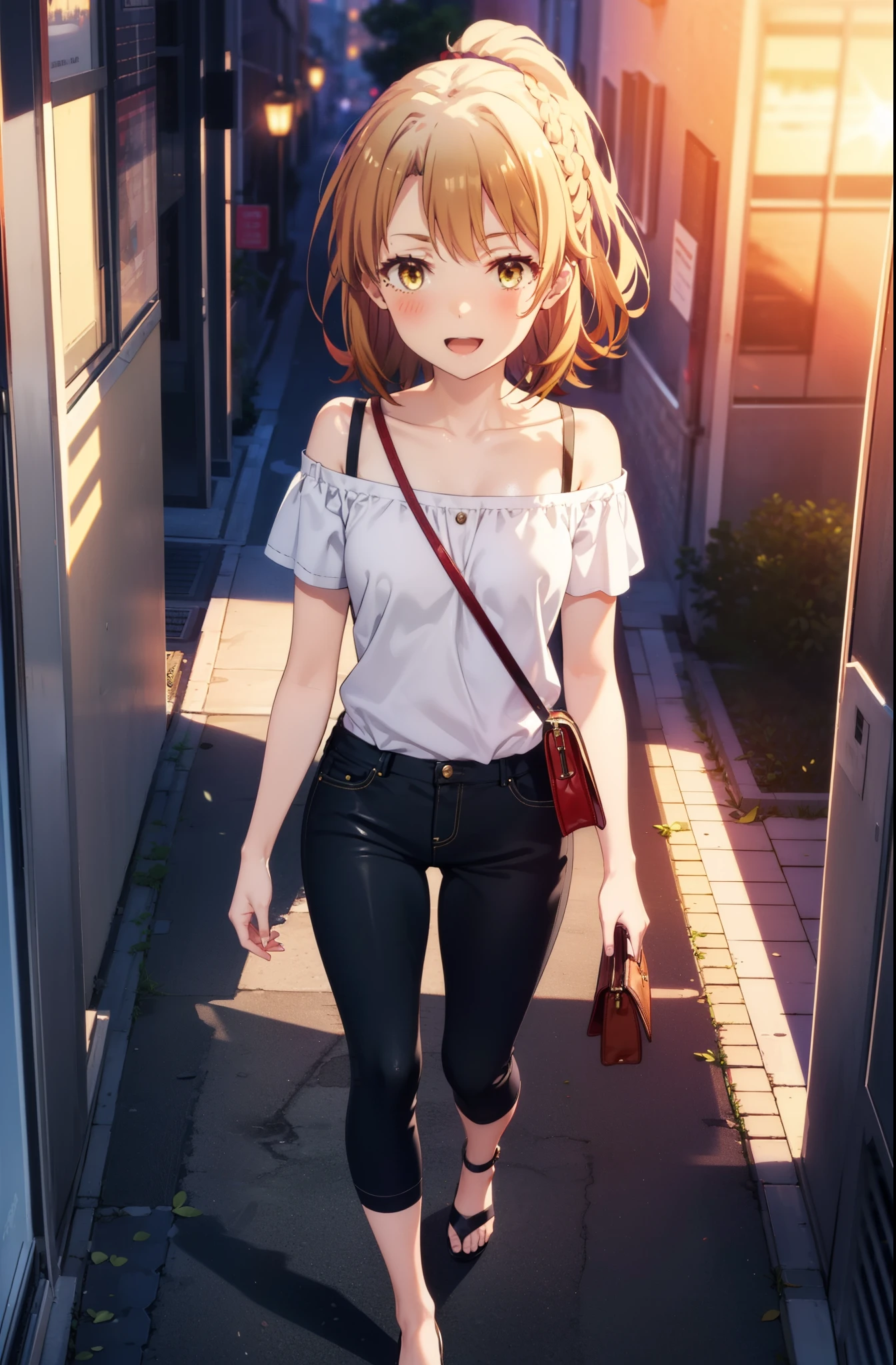 irohaisshiki, iroha isshiki, short hair, Brown Hair, (Brown eyes:1.5),happy smile, smile, Open your mouth,ponytail,short braided hair band,Cord off-shoulder top,Short sleeve,skinny pants,Stiletto heels,Sunset,evening,The sun is setting,Walking,whole bodyがイラストに入るように,Looking down from above,Holding a Chanel bag in her right hand,
break outdoors,In town,Building district,
break looking at viewer, whole body,
break (masterpiece:1.2), highest quality, High resolution, unity 8k wallpaper, (shape:0.8), (Beautiful details:1.6), Highly detailed face, Perfect lighting, Extremely detailed CG, (Perfect hands, Perfect Anatomy),