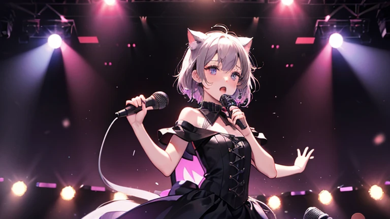 Singing on stage,Diva,Anthropomorphic cat girl,Flat Chest,black skirt dress,Grab the microphone,sweating,Moist look,,Dark Night Bar