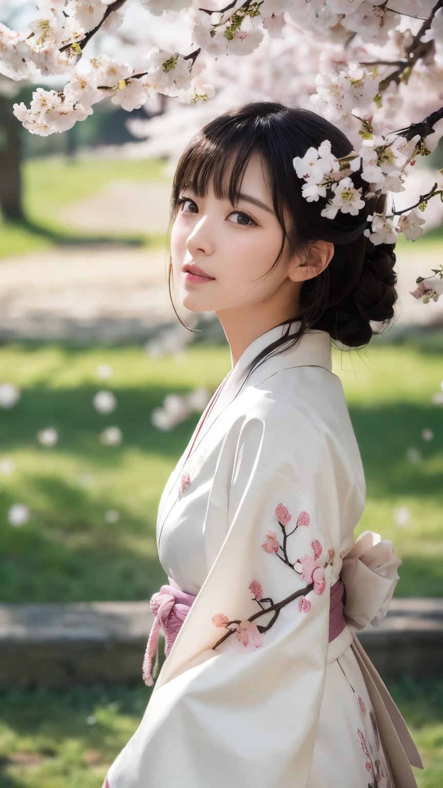 (logo、masterpiece、8k、Tabletop、RAW Photos、wonderful、最high quality、8k wallpaper that integrates photorealistic and high-definition CG、high quality、Very detailed、narrative poem、Particle Effects、Dynamic Effects、Depth of written boundary、Cinematic Light、Lens flare、Ray Tracing)、Fantasy、 (1 beauty、White kimono、Japanese clothing、White cherry blossom pattern、White cherry blossom embroidery pattern、Black-haired、Beautiful Face、True Face、Beautiful details、eye、Beautiful Skin)、Hair flutters in Wind、Hair bounces、Pink cherry blossom tree、Petals flutter、SakuraFubuki、wonderful景色、Morning Glow、Sun in the background、Wind、god々、tooth、god話、Vast land、