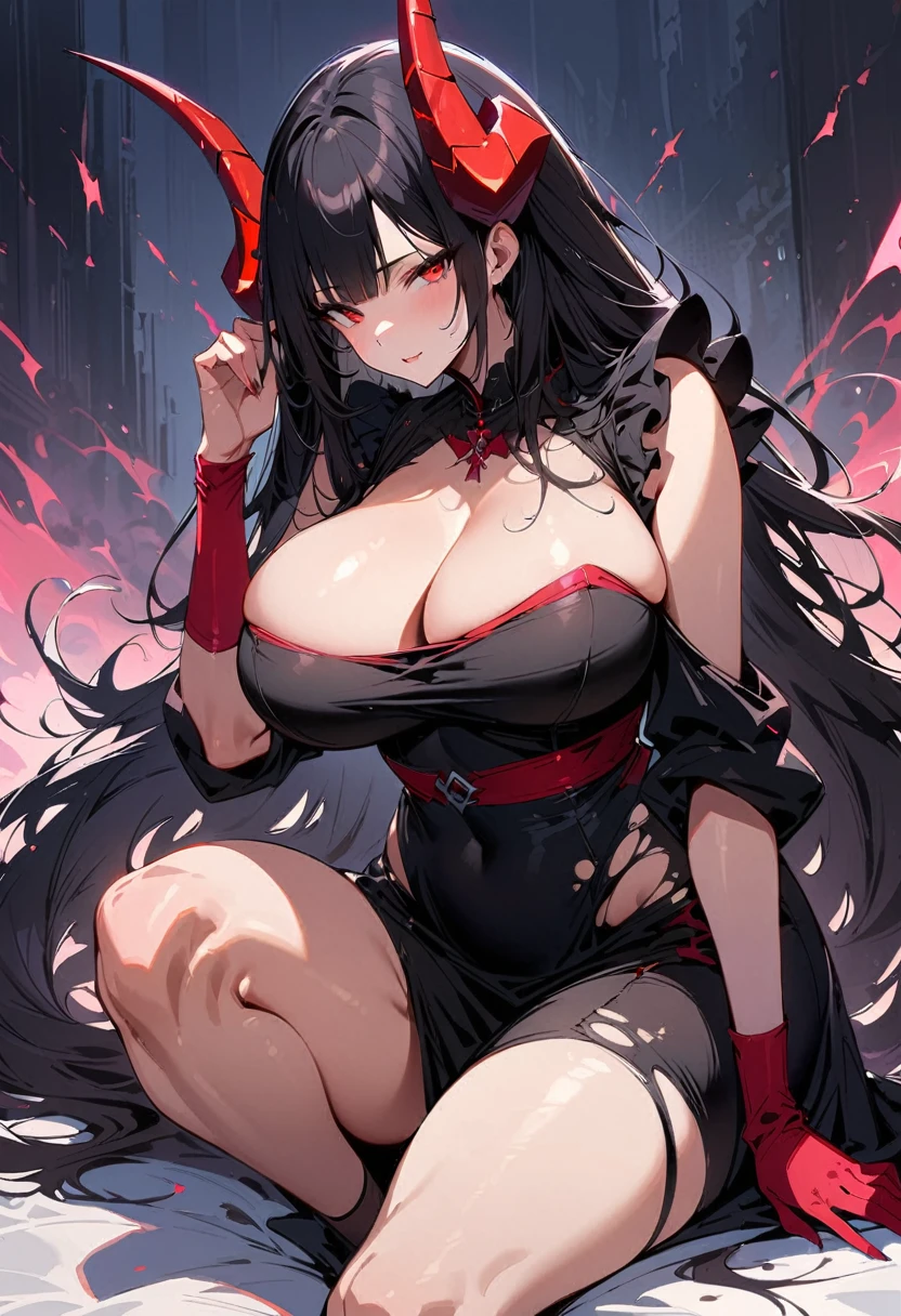 Masterpiece, very detailed, ultra detailed, one, (1 woman), japanese, She’s in a maid dress and in a sexy position, super mature, tall, milf style, mature mother, super long hair, straight black hair and straight bangs, thin demonic horns, beautiful, charming, bright dragon Blood-red eyes, elegant, big breasts (huge, torn), bare breasts, cheerful breasts, Neutral face, charming, dark background, futuristic setting on huge dark-black fire and fog background.