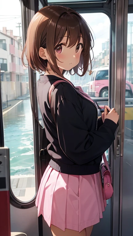 Maho Nishizumi,
Pink jacket,Pink Skirt,
Semi-short hair,Brown Hair,Brown Eyes,Small breasts,
Expression of joy,From the side,Looking at the window,Summer season,Sweat,
Inside the bus,Seaside view reflected in the window,Standing posture,At least one shoulder bag,
Beautiful image quality,