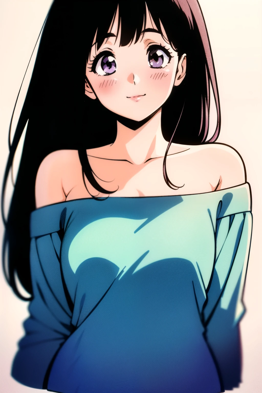 (A superb exquisite Chitanda Eru), (mature face), intricate details, (finely detailed beautiful eyes: 1.2), purple eyes, long black hair, natural straight hair, straight bangs, solo, [Small_breasts: large_breasts: 0.5], extremely delicate, peerless beautiful girl, dreamy quality, solid color, bright lips, slender waist, straight curves, soft lights and shadows, super fine, 8K HD, (masterpiece:1.4), (((blush, embarassed, soft lips, white background, timid smile, cropped shoulders, off-the-shoulder shirts, 90s of the 20th century (Stylized), 80s of the 20th century (Stylized))))