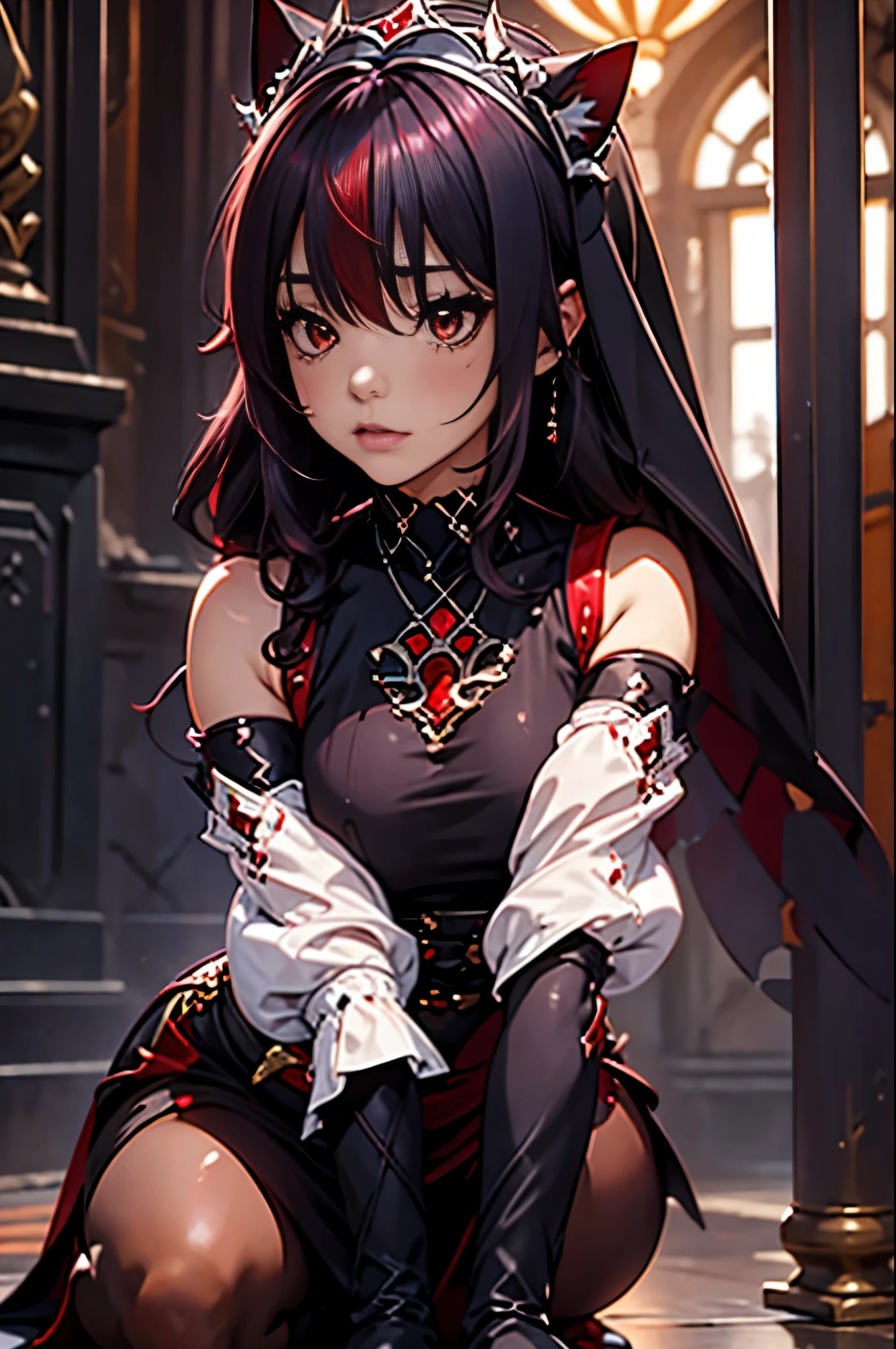 junkotvv como rosariadef rosariarnd rosariafreespirit pelo pelo largo (ojos rojos, orejas de gato) big breasts hair ornament jewelry hair between eyes,Hija，chica adolescente，teardrop，llanto，desgarrado，correa de cadena，behind the arm,kneeling down，encadenar，bdsm，coletas altas