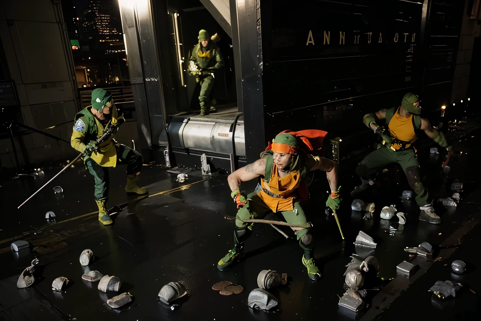 (Best quality, 8k, 32k, Masterpiece, UHD:1.2) Transform the setting of this image to feature the Teenage Mutant Ninja Turtles standing on a rooftop of a building in New York City, engaging in battle with Mousers. The environment should showcase the urban landscape with detailed buildings, street elements, and a vibrant city atmosphere visible in the background.

Introduce the Teenage Mutant Ninja Turtles in dynamic battle stances on the rooftop. They should have realistic reptilian details and textures while maintaining their humanoid appearance, with 3 finger digits and two toes. Leonardo, with a textured blue bandana, should have smooth, greenish-brown skin and a detailed shell featuring subtle patterning. Michelangelo, wearing an orange bandana, should have a speckled, olive-green skin tone with webbed fingers and toes. Donatello, in a purple bandana, should exhibit darker, rugged skin with patches of mottled brown. Raphael, sporting a red bandana, should have rougher skin texture with visible veins and a deep green hue.

Highlight their reptilian nature with realistic skin textures, scales, and moist surfaces. Each turtle should be depicted in a unique battle stance, showcasing their agility and combat readiness, with their iconic weapons visible. The Mousers should have a sleek, metallic texture, reflecting light realistically to emphasize their mechanical nature.

The lighting should be dynamic, with contrasted shadows and highlights that accentuate their forms and the details of their surroundings. Utilize the environmental lighting from the city, such as streetlights, neon signs, and illuminated windows, to cast realistic glows and reflections on the turtles, Mousers, and rooftop elements.

Ensure the scene captures the energy and excitement of the turtles battling Mousers on a New York City rooftop, with the towering buildings and city lights providing a dramatic and engaging backdrop.