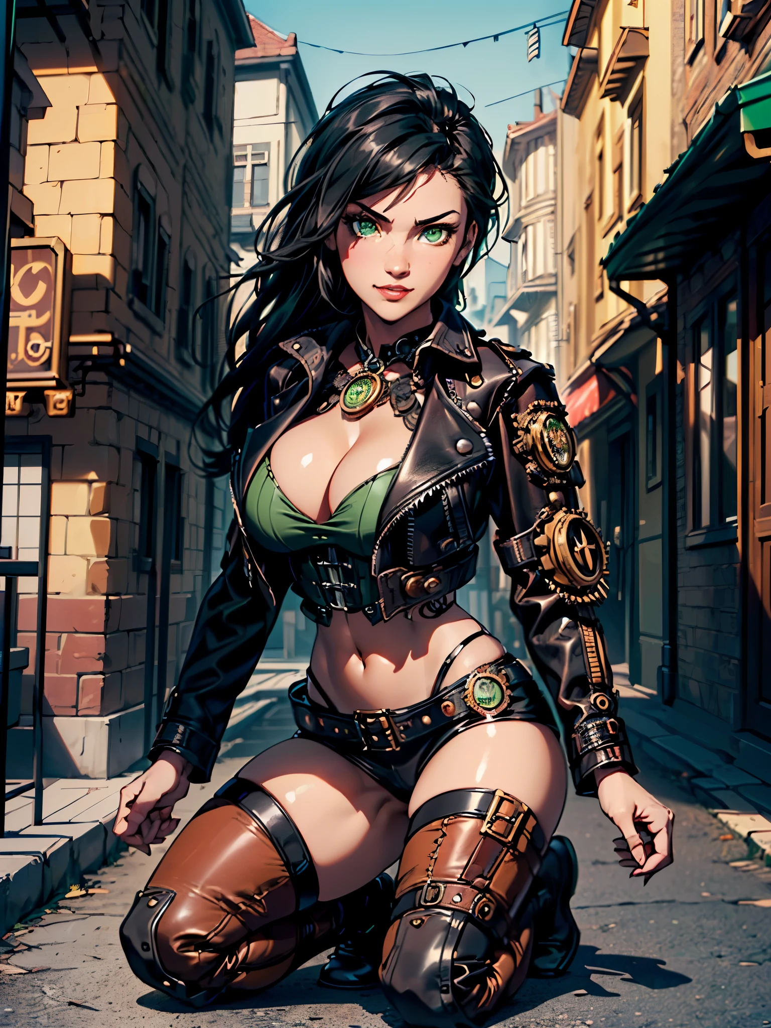 ((Need, 8K, tmasterpiece:1.3)),(realisticlying:1.4),RAW photoggure portrait,Very wide lens,closeup cleavage,(True skin texture:1.3),(filmgrain:1.3) Focalors:1.2, perfect figure beautiful woman:1.4, ((Long dark black bright hair, green eyes, navel, huge tit:1.2 )), ((White crop top:1.4)(short black leather jacket, black steampunk trausers:1.4) , ((kneel:1.2)), ((open steampunk street day scene, )), Highly detailed facial and skin texture, detailed, provocative smirk, sultry look, seductive,