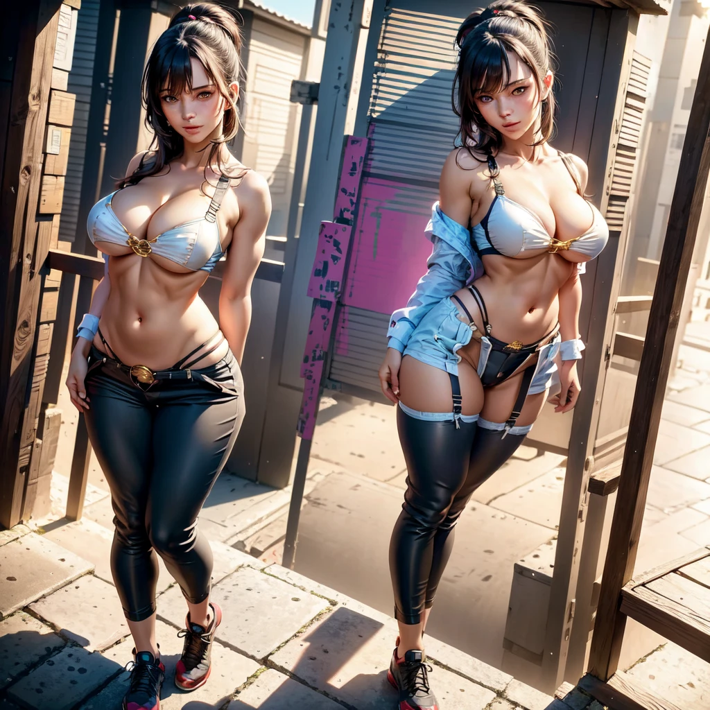 a beautiful 18 year old girl, in a city, 1 girls, ((extremely detailed face)), long eyelashes, beautiful detailed eyes, beautiful detailed lips, wearing a short strappy top and tight pants, extremely detailed skin, fit body , big and long chest, round and firm butt, small and thin waist, natural lighting, warm colors, (best quality, 4k, 8k, high resolution, masterpiece: 1.2), ultra detailed, (realistic, photorealistic, photorealistic: 1.37 ), portrait, ((bigbutt)), ((bigbreasts)), ((big breasts)), ((thin waist)), ((goddess body)), ((muscular)), perfect face, smile, ( (wide legs)), ((perfect girl)), (maximum detail), (blurred background), (sharp texture), (Ultra textures), professional highlights, freckles on the face, (Highest quality), (realistic), multicolor hair, (good), (8K), (16k), (masterpiece), (accurate), (anatomically correct), (textured skin), high details, High quality, (16k), (high resolution), ( Render), (far shot), (moderately muscular legs), sensual, (full body), (small waist), (like butt), (big breasts: 1.2), girl's height, (cute lingerie), (( in focus)), ((transparent)), you can see the underwear, dwarf, ((very young))
