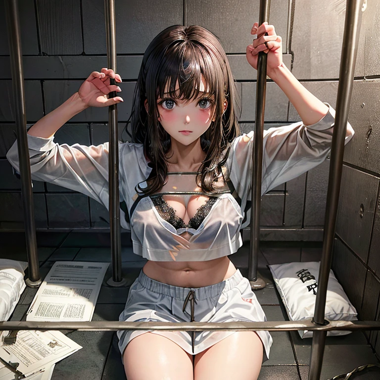 Woman sitting on the floor of a prison cell,、 Bind、Arms tied behind the back、M-shaped legs、sitting in a prison, in a prison cell, was sitting in a cell、sitting in a dark prison cell, in the Prison, in prison, in a small prison cell, the woman is Behind bars, promo still, prisoner, prison cell, prison, Behind bars, with prison clothing, Torn bra,Torn panties、prisoner, prison cell, prison, Behind bars,A bra with wet and see-through、teats see through、sitting in a dark prison cell, in the Prison, in prison, in a small prison cell,Behind bars, prisoner, prison cell, prison, Behind bars,