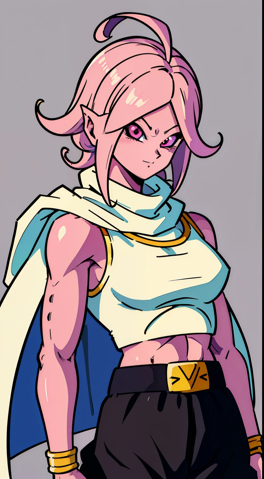 (high-quality, breathtaking),(expressive eyes, perfect face) Symmetrical Eyes, portrait, dragon ball z xenoverse 2, 1girl, female, alien, Majin Race, FMajin, Female Majin Buu, (pink skin:1.1), bubblegum pink skin color, red colored skin, smiling,(black sclera:1.2), red eyes, tentacle hair, black baggypants, belt, alien, M, shoulder holes, standing, no nose, grey background, medium cute length hair, wavy hair, hair between eyes, DBZ Namekian, purple dougi, white cape, white scarf,
