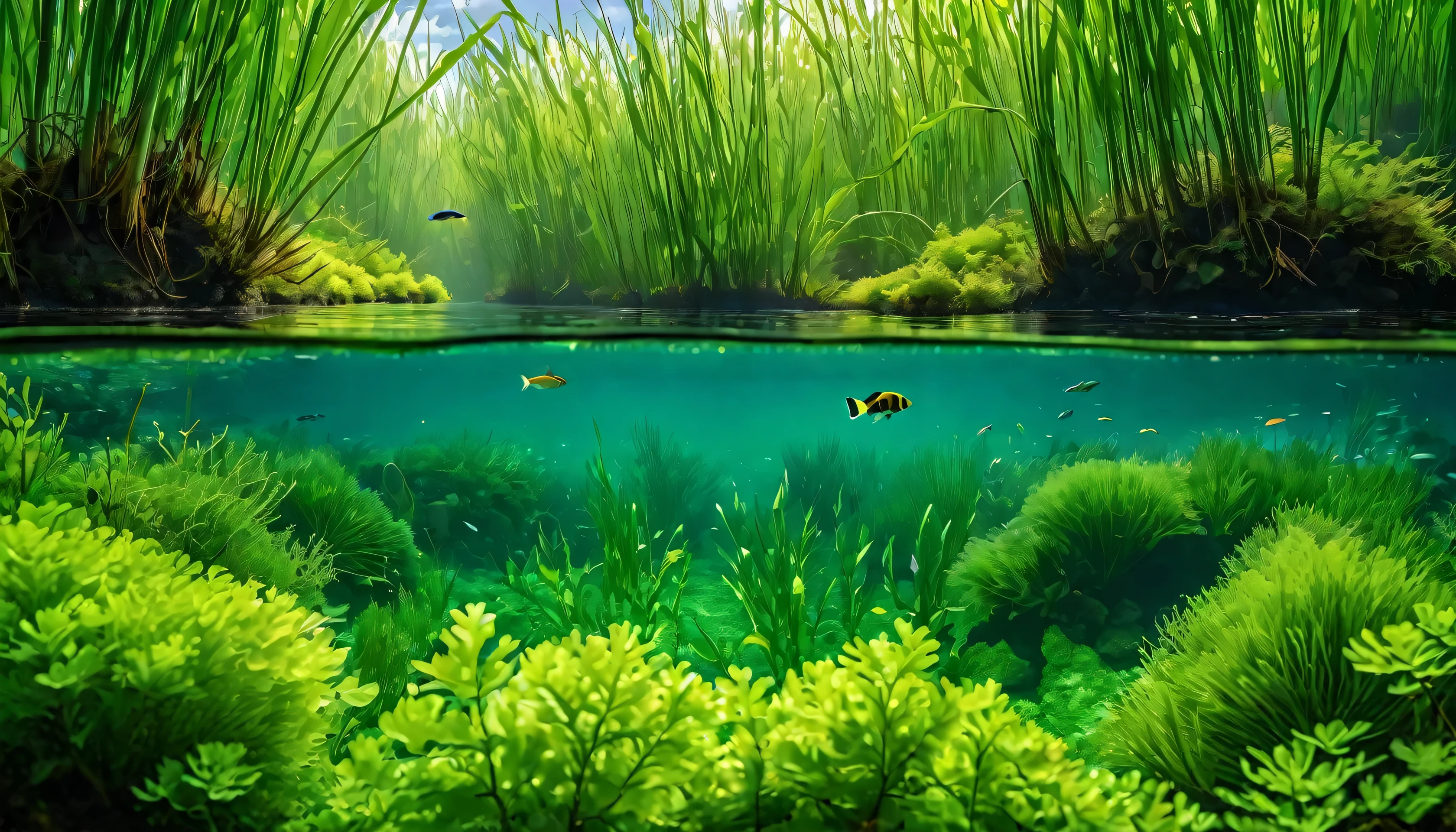 a photoPractical scene of a river with fresh clean water, A unique marine fish that swims underwater, The surrounding area is full of lush green algae and tall reeds., River cross section,Trees line both sides of the river, (best quality,4k,8K,High resolution,masterpiece:1.2),Extremely detailed,(Practical,photoPractical,photo-Practical:1.37),Detailed underwater scenes,stunning Practical lighting,Dynamic underwater composition,Dramatic water reflections,Complex fish anatomy,Vibrant green algae,detailed foliage,tranquil natural setting