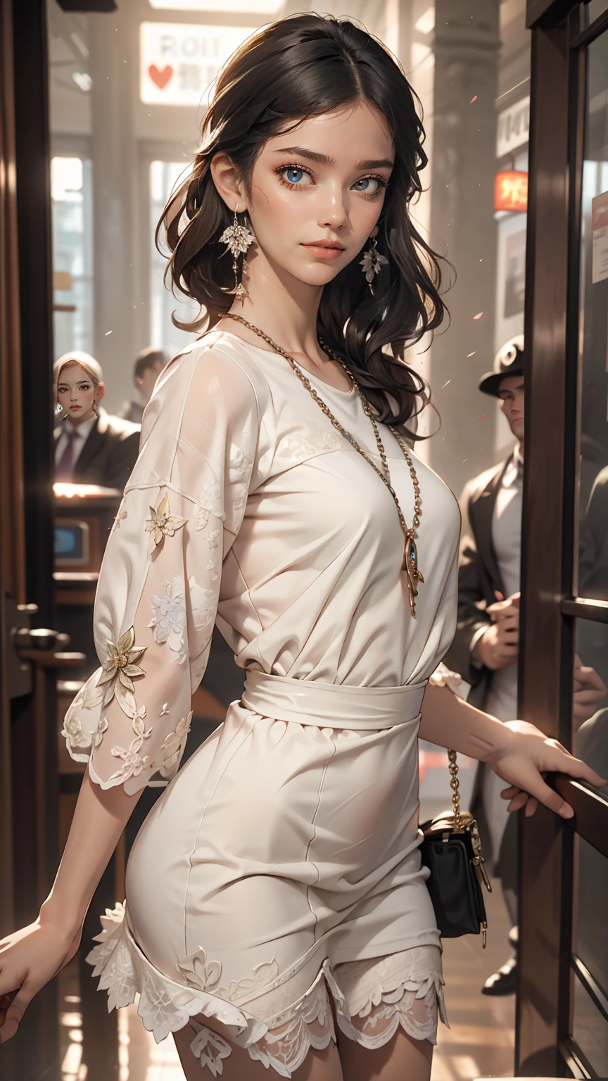 1 female, Black Hair, Blue Eyes, Delicate face, cute, Love Earrings, White Dress, Standing at the entrance to the police station, Playful, Ultra HD, masterpiece, highest quality, Super detailed, Accurate