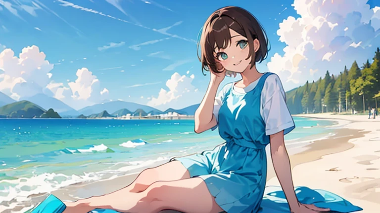 (masterpiece, highest quality, highest quality, Official Art, beautifully、beautiful:1.2), 1 girl,Daytime,blue sky,Sandy Beach,Cute older sister,Short sleeve,Pastel colored clothes,front,Short Bob Hair,Dark Brown Hair,smile,Everything from head to toe,whole body,Looking into the distance.Keep your eyes on me
