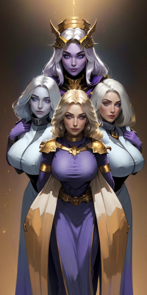 (Triplets)(chest covered)(smile)Gray skin, pale golden hair and violet eyes. They prefer clothing of white and silver with cloaks of deep blue or purple, huge_knockers, ((very precise detailed)) ((high res), Golden bracers (plain background)