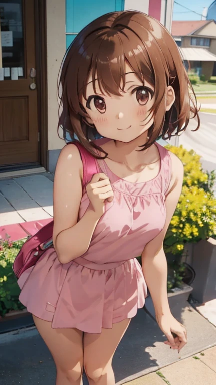 Maho Nishizumi,
Pink Swimsuit,Pink Skirt,
Semi-short hair,Brown Hair,Brown Eyes,Small breasts,
Smiling expression,from the front,Summer season,Holding the product,money,Cashier counter,
Seaside,stand,Standing posture,At least one shoulder bag,
Beautiful image quality,