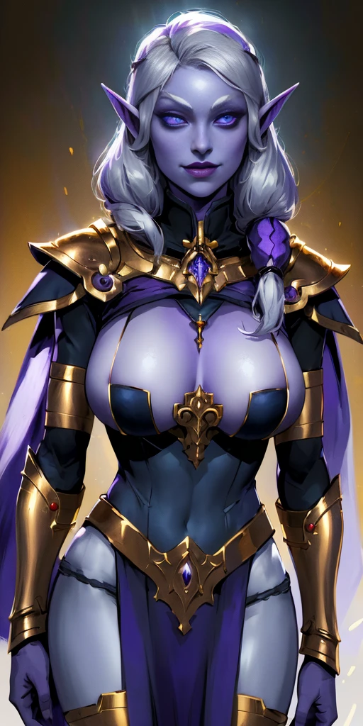 (Female drow elf chest covered very purple skin)(smile) pale golden hair and violet eyes. They prefer clothing of white and silver with cloaks of deep blue or purple, village background, huge knockers, ((very precise detailed)) ((high res) Golden bracers (plain background)