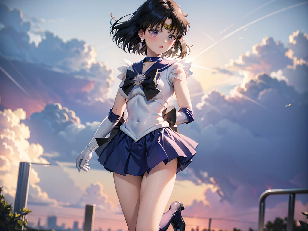 (full body)，high resolution，Detailed Description，highest quality，(sailor senshi uniform),Sailor Saturn，Black Hair，Cosmos，leotard，High leg，Purple Skirt，Knee-high boots，Elbow Handbags，Thick thighs，The skirt is short,スカートの下に白色のleotardが見える，The skirt is blown away by the wind，Defenseless crotch，blush，Embarrassed expression，Open your mouth，