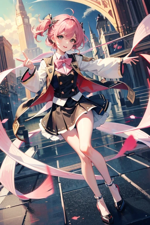 Cute Girl. Short pink hair. With suit and skirt. Idol
Half body. Smile. Fairys around her.