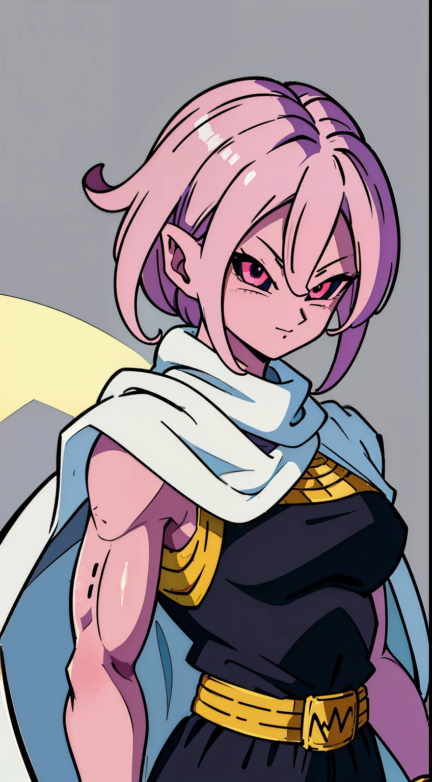 (high-quality, breathtaking),(expressive eyes, perfect face) Symmetrical Eyes, portrait, dragon ball z xenoverse 2, 1girl, female, alien, Majin Race, FMajin, Female Majin Buu, (pink skin:1.1), bubblegum pink skin color, red colored skin, smiling,(black sclera:1.2), red eyes, tentacle hair, black baggypants, belt, alien, M, shoulder holes, standing, no nose, grey background, medium cute length hair, wavy hair, hair between eyes, DBZ Namekian, purple dougi, white cape, white scarf,
