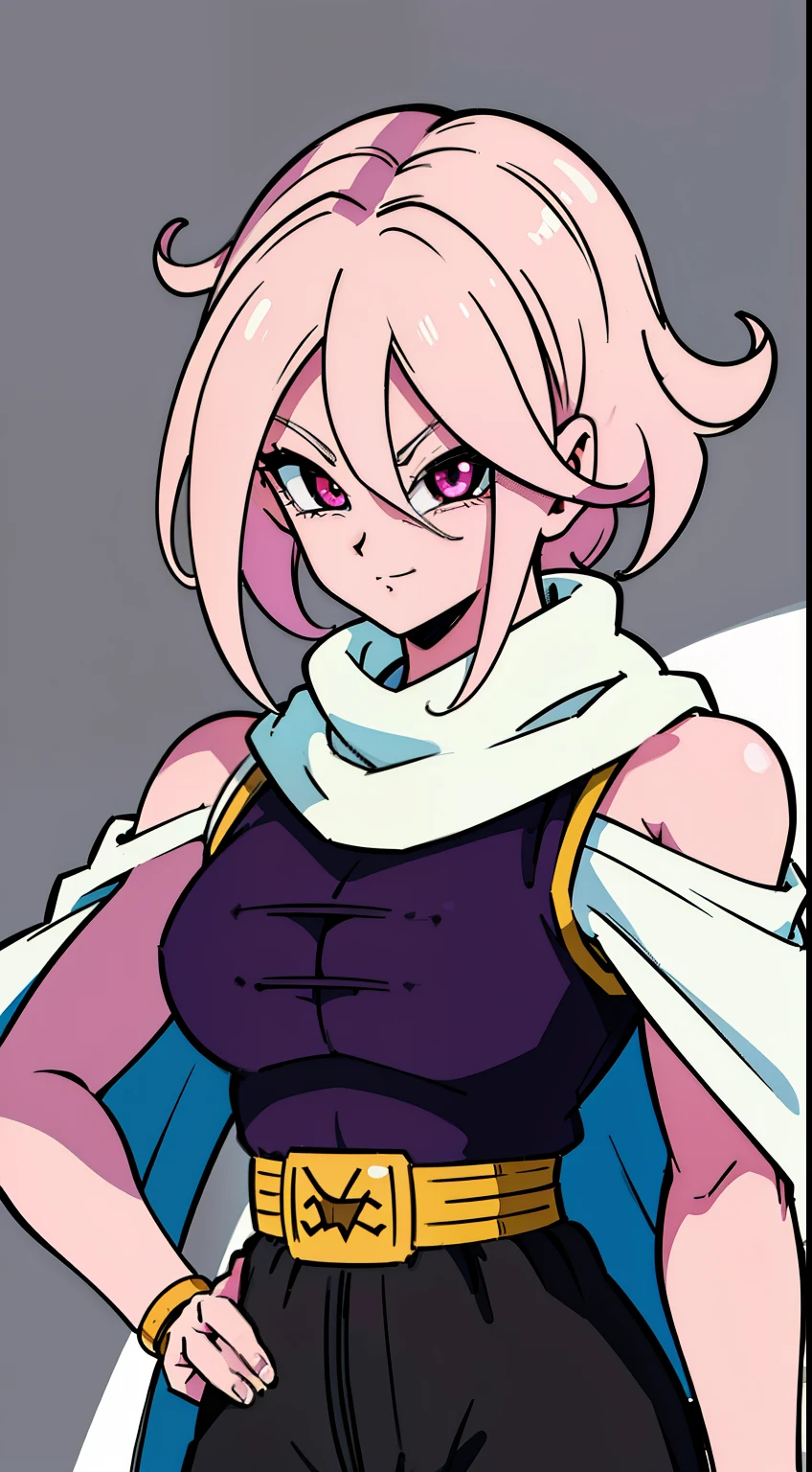 (high-quality, breathtaking),(expressive eyes, perfect face) Symmetrical Eyes, portrait, dragon ball z xenoverse 2, 1girl, female, alien, Majin Race, FMajin, Female Majin Buu, (pink skin:1.1), bubblegum pink skin color, red colored skin, smiling,(black sclera:1.2), red eyes, tentacle hair, black baggypants, belt, alien, M, shoulder holes, standing, no nose, grey background, medium cute length hair, wavy hair, hair between eyes, DBZ Namekian, purple dougi, white cape, white scarf,
