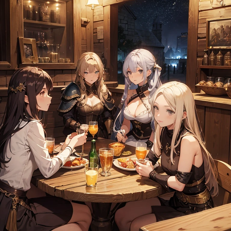 A group of  female medieval fantasy adventurers, (in tavern), various hair styles, harem, night, details face, short skirt, seducing, sleeveless, armor 