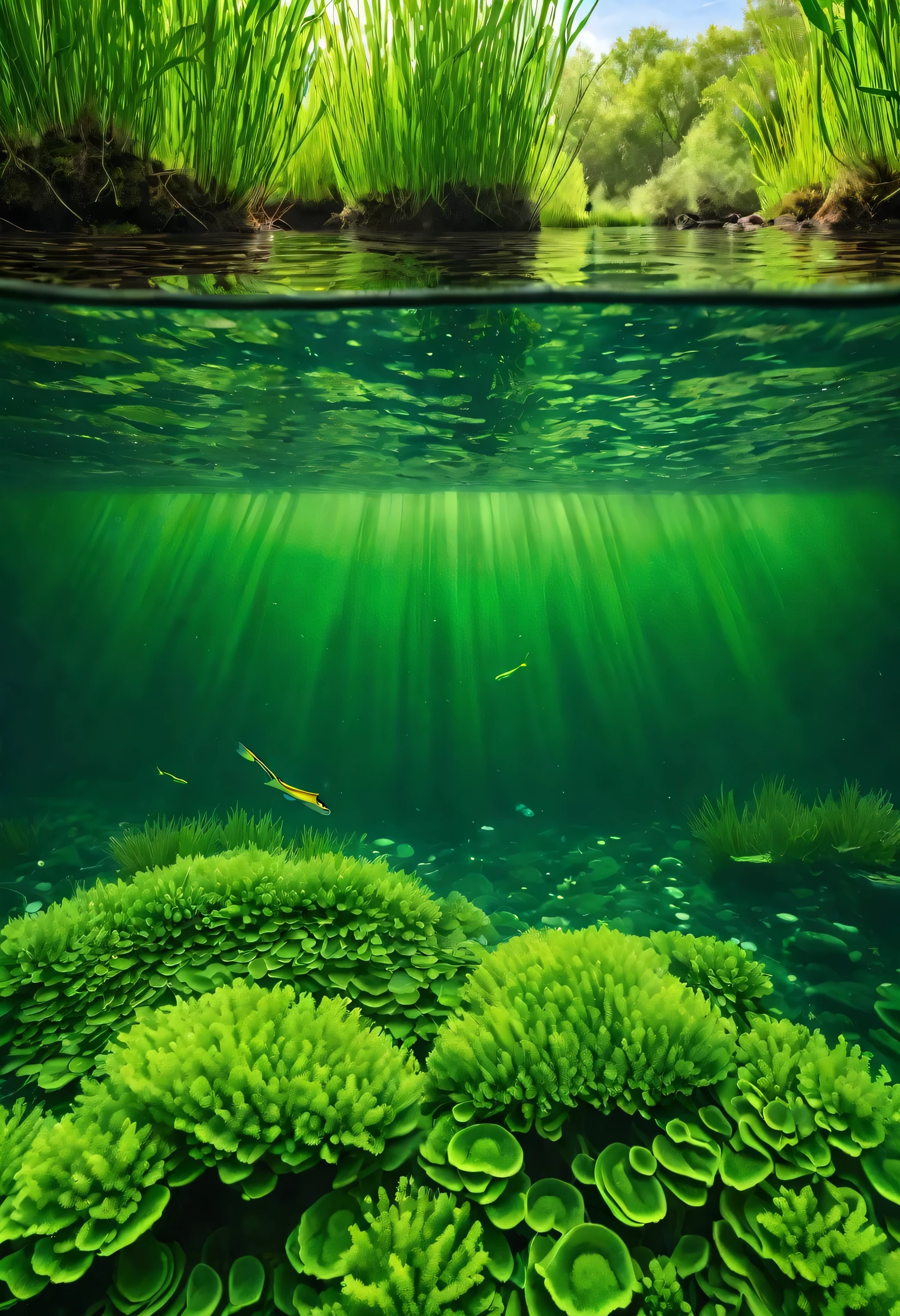 a photoPractical scene of a river with fresh clean water, A unique marine fish that swims underwater, The surrounding area is full of lush green algae and tall reeds., River cross section,Trees line both sides of the river, (best quality,4k,8K,High resolution,masterpiece:1.2),Extremely detailed,(Practical,photoPractical,photo-Practical:1.37),Detailed underwater scenes,stunning Practical lighting,Dynamic underwater composition,Dramatic water reflections,Complex fish anatomy,Vibrant green algae,detailed foliage,tranquil natural setting