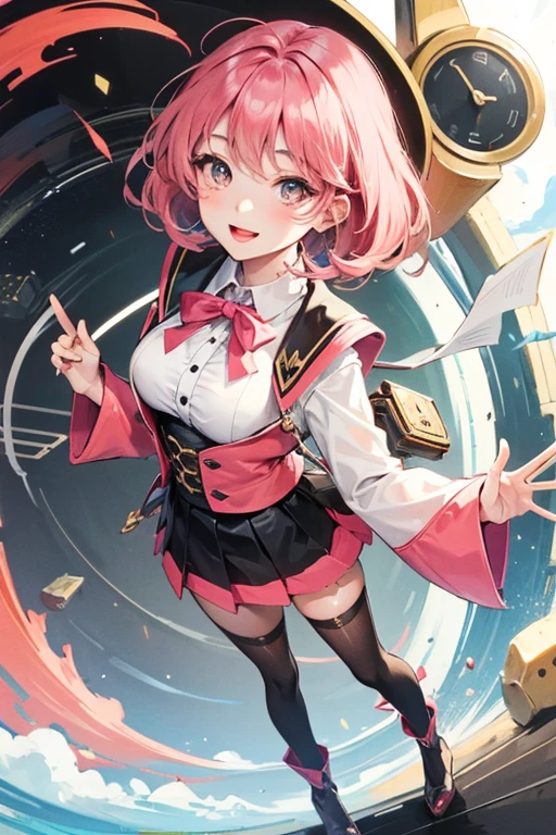 Cute Girl. Short pink hair. With suit and skirt. Idol
Half body. Smile. Fairys around her.