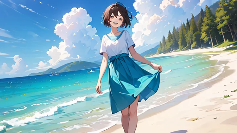 (masterpiece, highest quality, highest quality, Official Art, beautifully、beautiful:1.2), 1 girl,Daytime,blue sky,Sandy Beach,Cute older sister,Short sleeve,Pastel colored clothes,front,Short Bob Hair,Dark Brown Hair,Smile with your mouth slightly open,Everything from head to toe,whole body,Looking into the distance.Keep your eyes on me