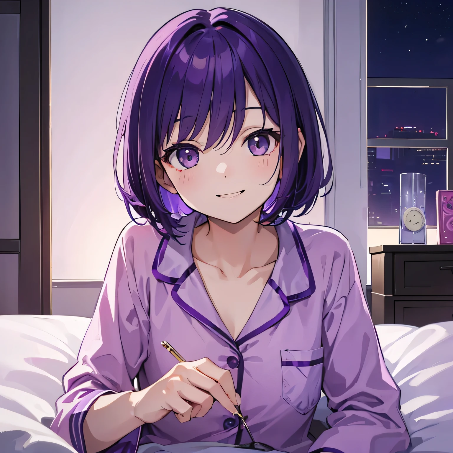 (T Masterpiece，4K wallpaper，Best Quality))、((girl１people))、(solo)、Bright and Brilliant，(Purple Hair)、(Shortcuts:1.3)、smile、Bedroom、pajamas、night