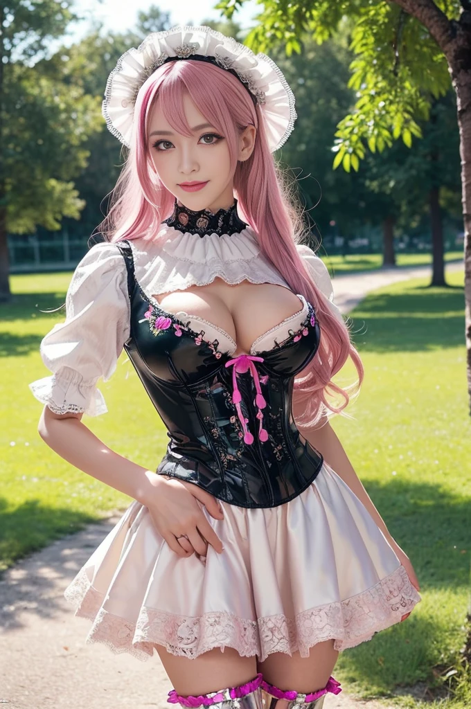 (nsfw), sexy stylish Swedish model, only 1 female, ((doll-like appearance)), long neon pink stylish hair, ((shiny Victorian-Style boots)), (big smile), ultra detailed eyes, vivid eye makeup, lipgloss, long lashes, defined eyebrows, (medium naked breasts), ((sexy Paradise Kiss cosplay)), (naked aroused open pussy), bell-shaped skirt, petticoats, high neckline, puffed sleeves, (( ultra detailed lace)), ((ultra detailed embroidery)), intricate details, Paradise Kiss accessoires and matching headpiece, choker, ((large sparkling Paradise Kiss jewelry)), cinematic light, detailed large park background with trees