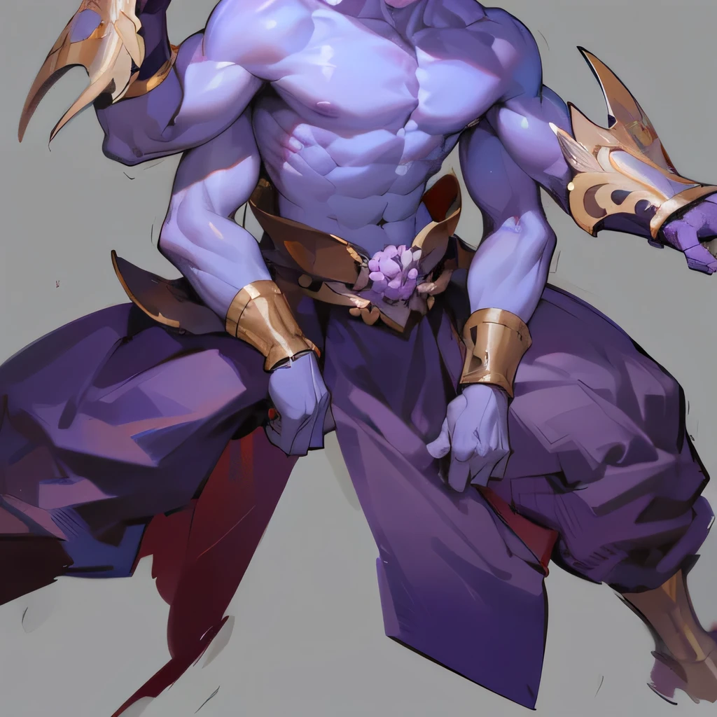 White-haired ager,Purple Skin,Naked upper body,Four hands,Huge horns,No pupil,Handsome boy