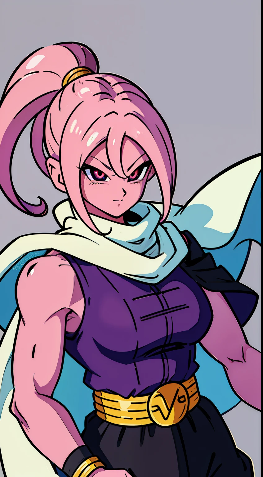 (high-quality, breathtaking),(expressive eyes, perfect face) Symmetrical Eyes, portrait, dragon ball z xenoverse 2, 1girl, female, alien, Majin Race, FMajin, Female Majin Buu, (pink skin:1.1), bubblegum pink skin color, red colored skin, smiling,(black sclera:1.2), red eyes, tentacle hair, black baggypants, belt, alien, M, shoulder holes, standing, no nose, grey background, medium cute length hair, wavy hair, hair between eyes, DBZ Namekian, purple dougi, white cape, white scarf, ponytail
