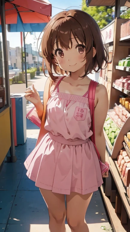 Maho Nishizumi,
Pink Swimsuit,Pink Skirt,
Semi-short hair,Brown Hair,Brown Eyes,Small breasts,
Smiling expression,from the front,Summer season,Holding the product,money,Cashier counter,
Seaside,Inside the store,Upright posture,At least one shoulder bag,
Beautiful image quality,