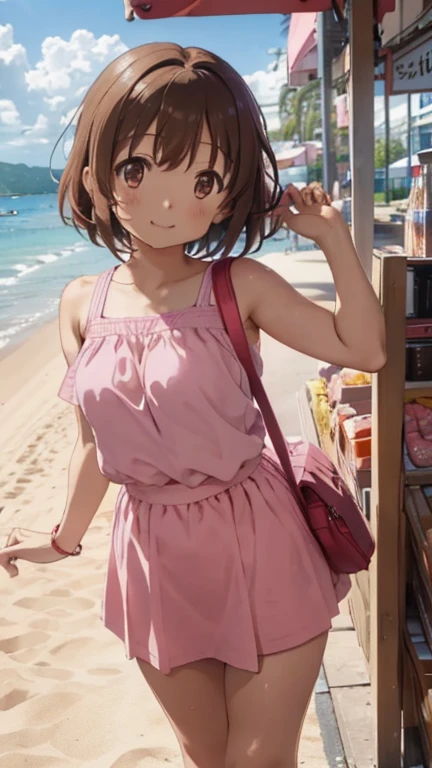 Maho Nishizumi,
Pink Swimsuit,Pink Skirt,
Semi-short hair,Brown Hair,Brown Eyes,Small breasts,
Smiling expression,from the front,Summer season,Holding the product,money,Cashier counter,
Seaside,Inside the store,Upright posture,At least one shoulder bag,
Beautiful image quality,