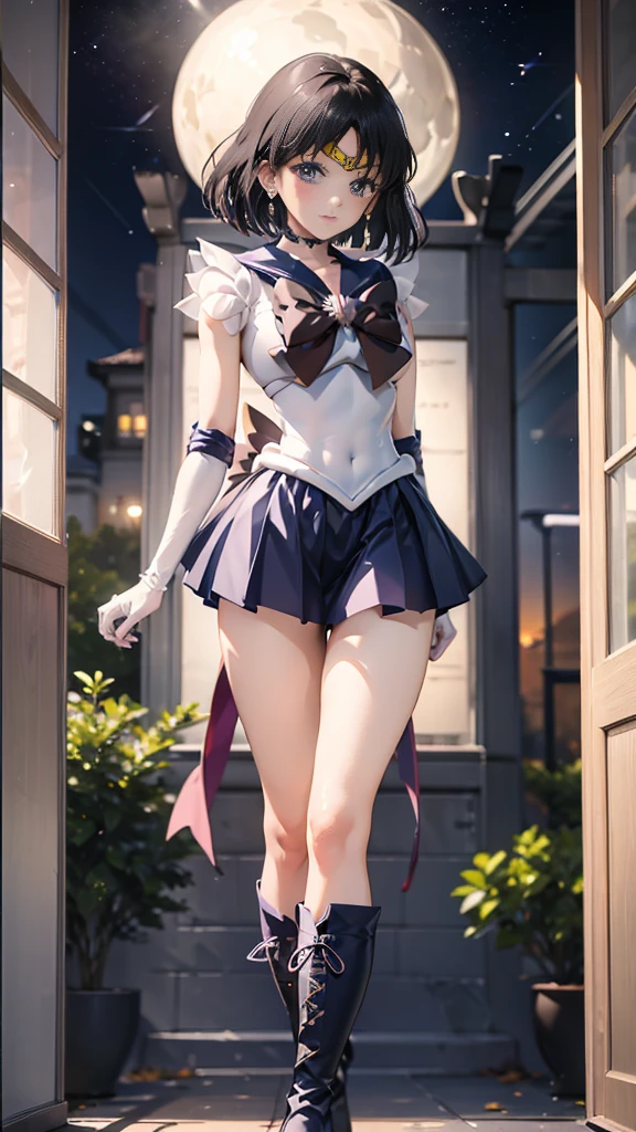 (full body)，high resolution，Detailed Description，highest quality，(sailor senshi uniform),Sailor Saturn，Black Hair，Cosmos，leotard，High leg，Purple Skirt，Knee-high boots，Elbow Handbags，Thick thighs，The skirt is short,スカートの下に白色のleotardが見える，The skirt is blown away by the wind，Defenseless crotch，blush，Embarrassed expression，Open your mouth，