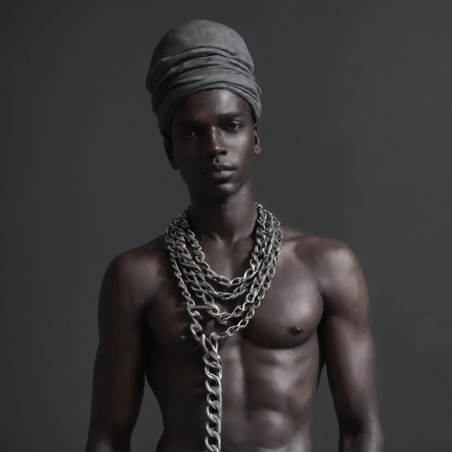 Grey statue of a chained slave in a dark studio, perfect body statue, man statue, slave in chains representation, minimal background, classic physique.
