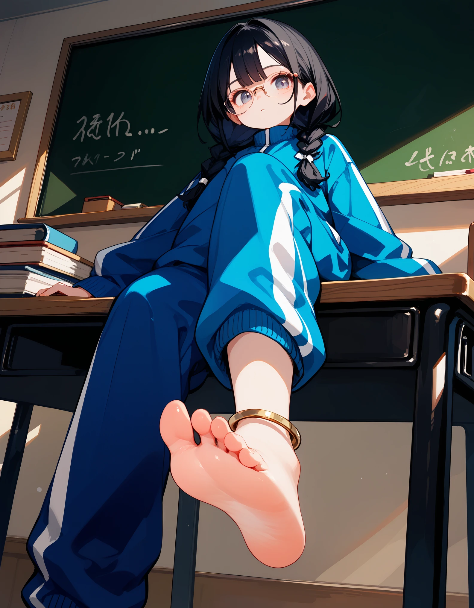 score_9, score_8_up,score_7_up,1girl,solo,black hair,baggy blue and white track suit,baggy blue and white track pants,glasses,black hair,low twin braids, ,desk,sitting on desk,foot up,barefoot,soles,foot focus,from below,anklet,bare legs,chalkboard,shiny skin,pale skin